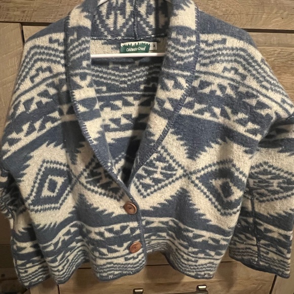 Coldwater Creek Sweaters - Coldwater Creek Blue and Cream Geometric Shawl Collar Cardigan